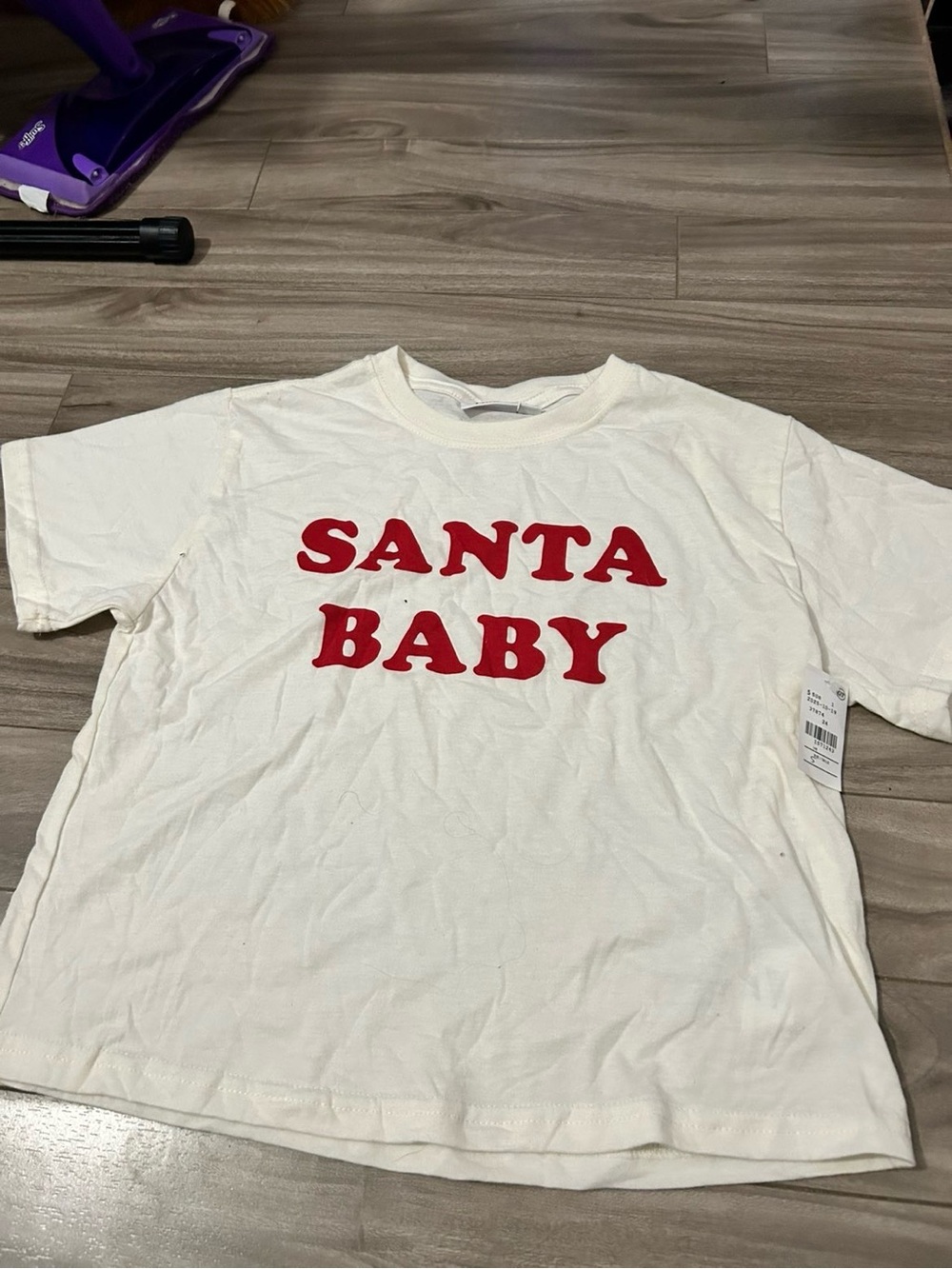 Mighty Fine White Crop Top with Red "SANTA BABY" Print